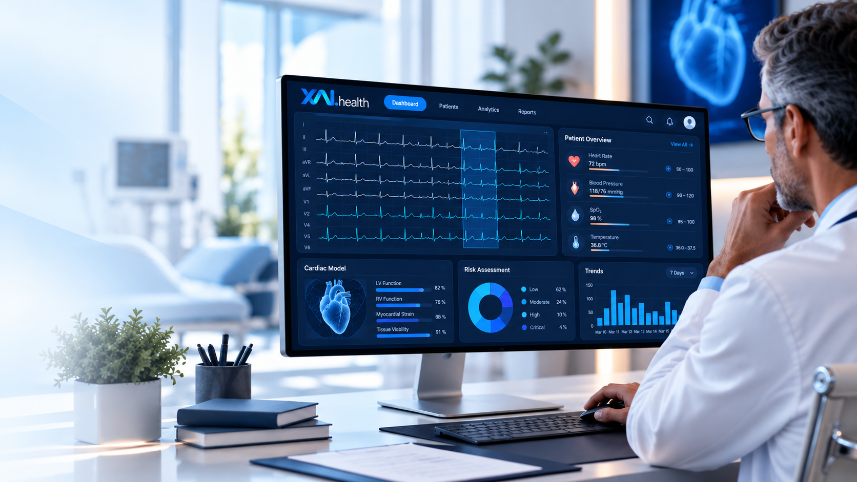 Physician reviewing cardiac dashboard at a bright clinic desk